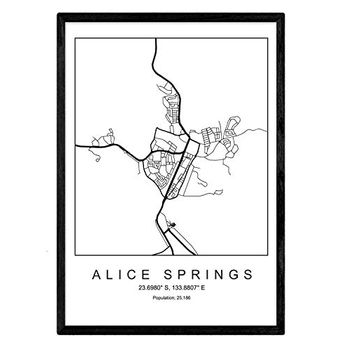 Lámina Mapa Deciudad Alice Springs Nordico En Blanco Y Negro Poster A3 Enmarcado Marco Negro Impreso - Nacnic
