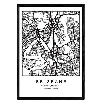 Lámina Mapa De La Ciudad Brisbane Nordico En Blanco Y Negro Poster A4 Enmarcado Marco Negro Impreso - Nacnic