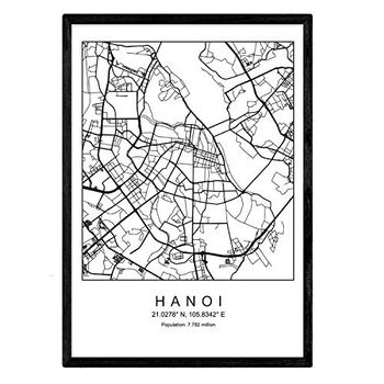 Lámina Mapa De La Ciudad Hanoi Nordico En Blanco Y Negro Poster A4 Enmarcado Marco Negro Impreso - Nacnic