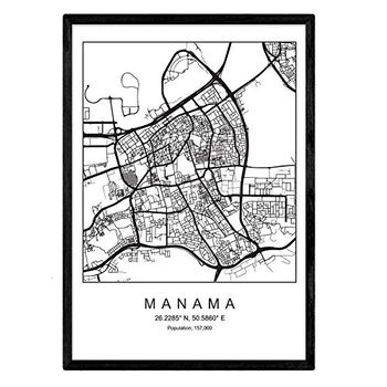 Lámina Mapa De La Ciudad Manama Nordico En Blanco Y Negro Poster A4 Enmarcado Marco Negro Impreso - Nacnic