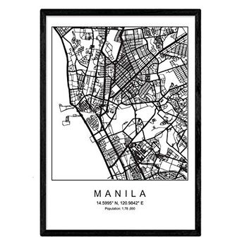 Lámina Mapa De La Ciudad Manila Nordico En Blanco Y Negro Poster A3 Enmarcado Marco Negro Impreso - Nacnic