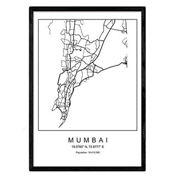 Lámina Mapa De La Ciudad Mumbai Nordico En Blanco Y Negro Poster A3 Enmarcado Marco Negro Impreso - Nacnic