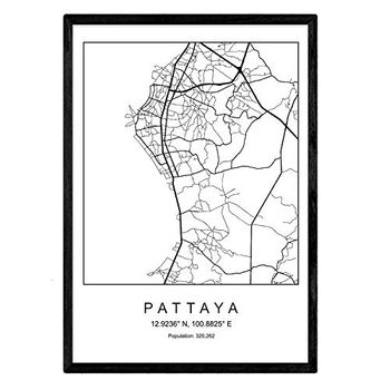 Lámina Mapa De La Ciudad Pattaya Nordico En Blanco Y Negro Poster A4 Enmarcado Marco Negro Impreso - Nacnic