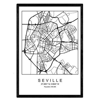 Lámina Mapa De La Ciudad Sevilla Nordico En Blanco Y Negro Poster A3 Enmarcado Marco Negro Impreso - Nacnic