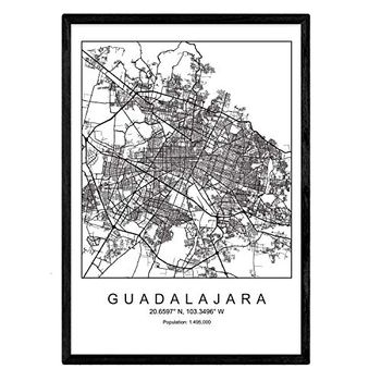 Lámina Mapa De La Ciudad Guadalajara Nordico En Blanco Y Negro Poster A3 Enmarcado Marco Negro Impreso - Nacnic