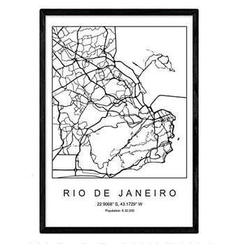 Lámina Mapa Deciudad Rio De Janeiro Nordico En Blanco Y Negro Poster A3 Enmarcado Marco Negro Impreso - Nacnic