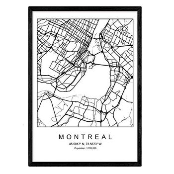 Lámina Mapa De La Ciudad Montreal Nordico En Blanco Y Negro Poster A3 Enmarcado Marco Negro Impreso - Nacnic