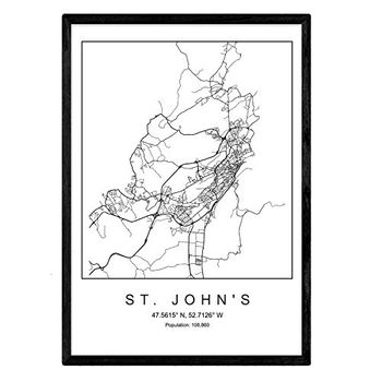 Lámina Mapa De La Ciudad St John's Nordico En Blanco Y Negro Poster A4 Enmarcado Marco Negro Impreso - Nacnic