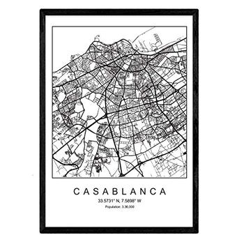 Lámina Mapa De La Ciudad Casablanca Nordico En Blanco Y Negro Poster A3 Enmarcado Marco Negro Impreso - Nacnic