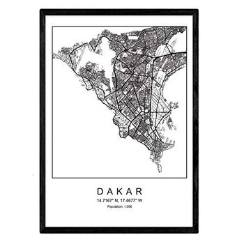 Lámina Mapa De La Ciudad Dakar Nordico En Blanco Y Negro Poster A3 Enmarcado Marco Negro Impreso - Nacnic