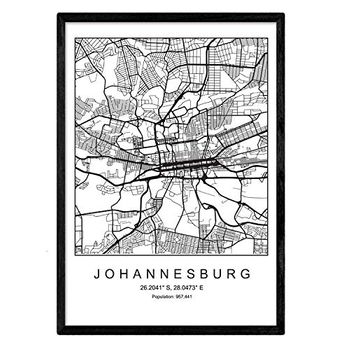 Lámina Mapa De La Ciudad Johannesurg Nordico En Blanco Y Negro Poster A4 Enmarcado Marco Negro Impreso - Nacnic