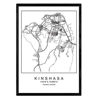 Lámina Mapa De La Ciudad Kinshasa Nordico En Blanco Y Negro Poster A3 Enmarcado Marco Negro Impreso - Nacnic
