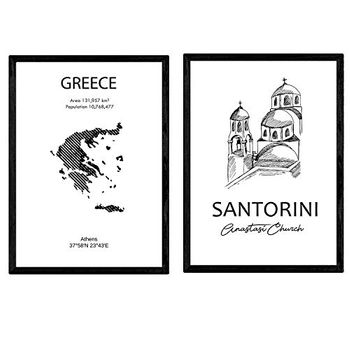 Pack De Posters De Paises Y Monumentos. Mapa Grecia Y Monumento Santorini. Tamaño A3 Con Marco - Nacnic
