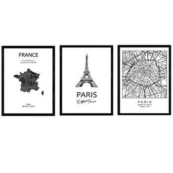 Pack De Posters De Paises Mapa Ciudad De Paris Monumento Torre Eifell Y Mapa Francia Tamaño A4 Con Marco - Nacnic