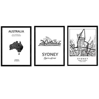 Pack De Posters De Paises Mapa Cuidad Sidney Monumento Harbour Bridge Y Mapa Australia B Tamaño A4 Con Marco - Nacnic