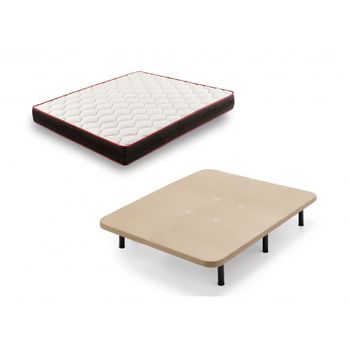 Cama Completa - Base Tapizada Color Beige Con Patas De 32 Cm + Colchón Memory Fresh 3d, 140x190 Cm