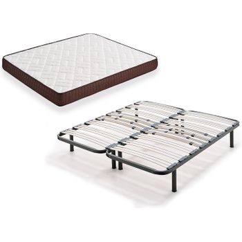 HOGAR24 ES TM63- Colchón + Somier Multiláminas con Patas, Medida 90x190 cm.  Núcleo Alta Densidad Transpirable con Tejido 3D y Aloe Vera.