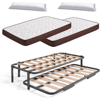 Cama Nido Metálica Reforzada Con 6 Patas + 2 Colchones Viscobrown + 2 Almohadas De Fibra Tacto Pluma, 90x180 Cm