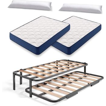 Cama Nido Metálica Reforzada Con 6 Patas + 2 Colchones Viscoelásticos Viscorelax + 2 Almohadas De Fibra Tacto Pluma, 80x180 Cm