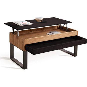 Mesa De Centro Elevable Cajón Deslizante Diseño Industrial-vintage, Madera Maciza Natural, Tablero, Cajón Y Patas En Color Negro, Medidas 100 Cm X 50 Cm X 47 Cm