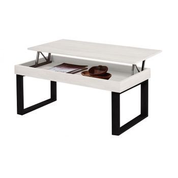 Odin - Mesa Centro Elevable Madera Maciza, Acabado Blanco, Patas Color Negro. Medidas: 100x50x47 Cm