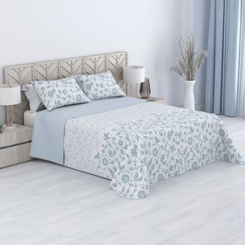 Colcha Bouti Verano Y Entretiempo Poliéster. Cubre Cama Fina Y Ligera (cama 150/180 Cm-250x260cm, Flores Azul)