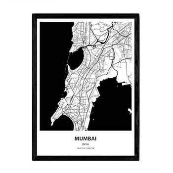 Poster Mapa De Mumbai - India Láminas De Ciudades De Asia Mares Y Ríos En Color Negro A3 Marco - Nacnic