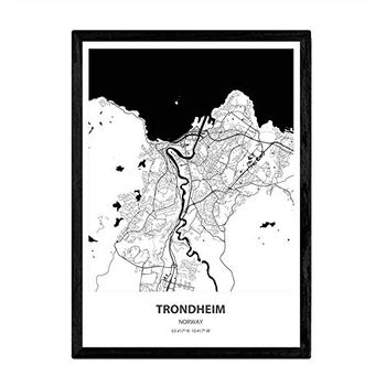 Poster Con Mapa De Trondheim Noruega Láminas Del Norte De Europa Con Ríos En Negro A3 Con Marco - Nacnic