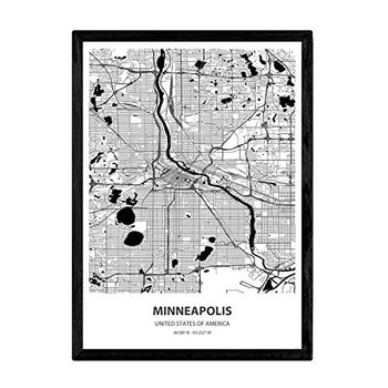 Poster Con Mapa De Minneapolis Usa Láminas De Ciudades De Estados Unidos Con Ríos En Negro A3 Con Marco - Nacnic