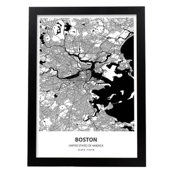 Poster Con Mapa De Boston Usa Láminas De Ciudades De Estados Unidos Con Mares Y Ríos En Color Negro Nacnic