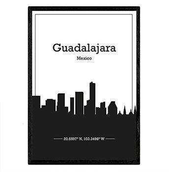 Poster De Guadalajar Mexico Láminas Con Skyline De Estados Unidos Canada Mexico Con Negra A3 Con Marco - Nacnic