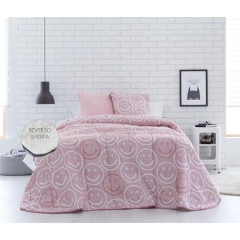 Edredón Estampado Emoji Rosa Con Reverso Sherpa Para Cama De 105 Cm