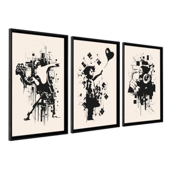 Cuadros Decoracion Salon Modernos Street Art Banksy 50x70 Cm X3 Piezas - Cuadros Con Marco Negro Incluido -