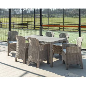 Outsunny Conjunto de Muebles de Comedor para Jardín 7 Piezas 1 Mesa de  Vidrio y 6 Sillas de Ratán con Respaldo Transpirable y Cojines Acolchados  para