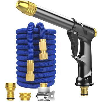 Manguera Extensible 30m + Pistola A Presión Regulable  - Magic Select. Azul