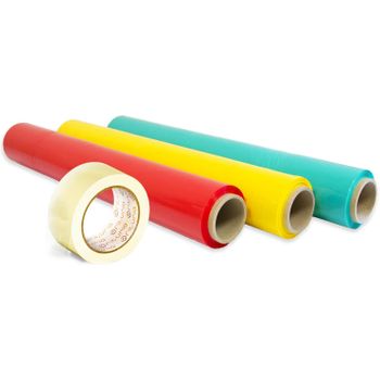 Pack 3 Film Embalaje De Colores + Cinta Adhesiva Transparente, Rollo Elástico 50cm Extensible Hasta 300m, Protector Para Mudanzas Y Embalajes - Ofituria (rojo, Amarillo Y Verde + Cinta Transparente)