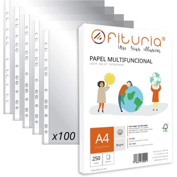 Fundas Plástico A4 Transparente, Pack De Fundas Multitaladro Plástico Para Folios + Paquete De Folios A4 Con 250 Hojas De 80gr Multiusos - Ofituria (100 Fundas Plástico + Paquete 250 Hojas)