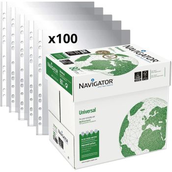 Pack Paquete De 500 Folios Navigator Universal A4 80gr + Fundas Multitaladro Plástico Para Folios, Paquete De Folios Din A4 - Ofituria (2500 Hojas + 100 Fundas)