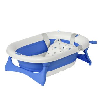 Bañera Plegable Para Bebé 35 L Con Tapón Y Cojín Azul Homcom