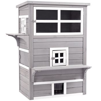 PawHut Caseta de Madera de Exterior para Gatos Casa para Gatos Refugio para  Gatos de 2 Niveles 96x65x85,5 cm Gris