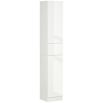 Armario alto de baño con puerta de bambú kleankin 35x27x171 cm blanco