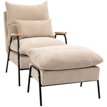 Sillón Con Reposapiés De Pana Espuma Acero Homcom 68x91,5x88 Cm-beige