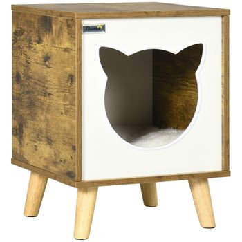 Caseta Para Gatos De Madera Mdf Pino Felpa 34x34x44,5cm-pawhut.marrón