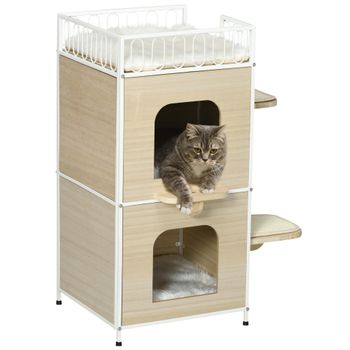 Caseta para gatos de madera con 2 niveles PawHut 77x50x73cm natural