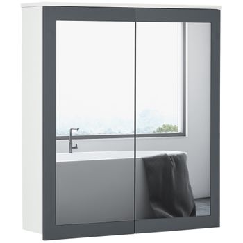 kleankin Armario de Baño con Espejo Montado en la Pared con 3 Estantes  Abiertos y 1 Puerta con Balda Interior Estilo Moderno 60x18x50 cm Blanco