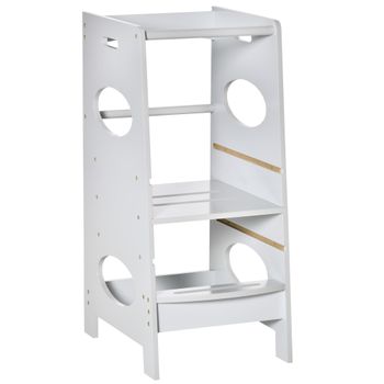 Joyz Torre de Aprendizaje Montessori Taburete de Ayuda para Cocina Trona  Infantil de Madera Blanca / Gris