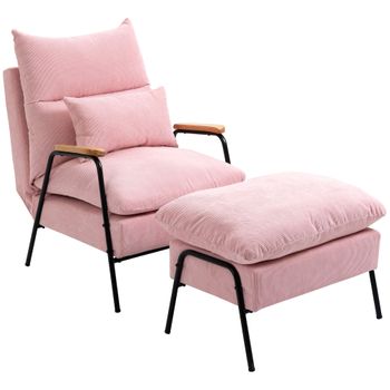 Sillón Con Reposapiés De Pana Espuma Acero Homcom 68x91,5x88 Cm-rosa