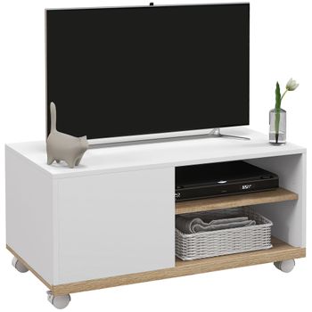 Mueble Tv De Salón Con Rueda De Melamina Homcom 80x45x39,5 Cm Blanco