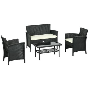 Conjunto 2 Sillones+1 Sofá Doble+1 Mesa De Acero Pe-outsunny. Negro