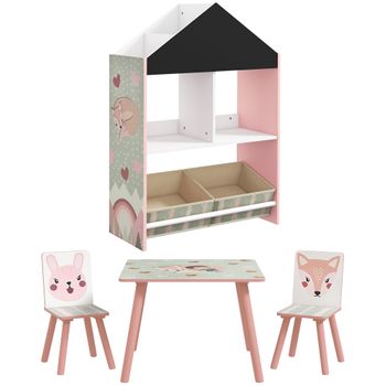 Conjunto 1 Estantería Para Juguetes+1 Mesa Infantil Con 2 Sillas Rosa